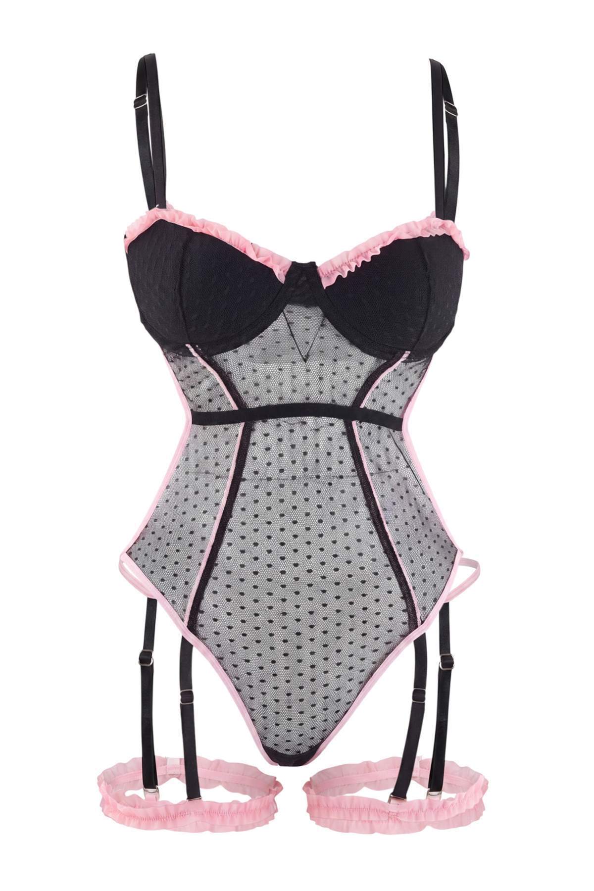 Trendyolmilla Siyah-Pembe Dantel Bacak Fırfırlı Kaplı İp Askılı Örme Fantezi Body THMAW27BD00003