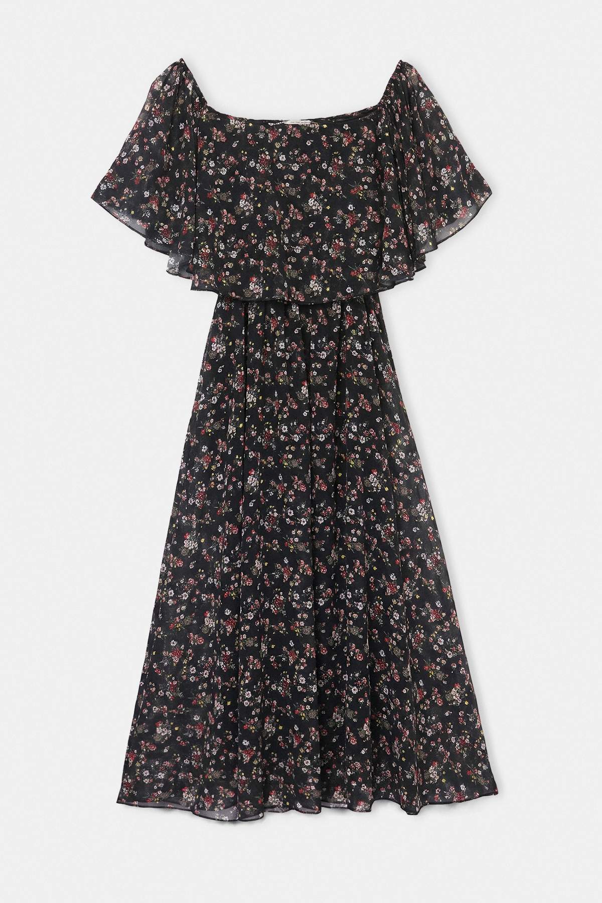 Drop by Trendyolmilla Siyah Çiçekli Carmen yaka Belden lastikli Astarlı Elbise TDRSS26EL00138