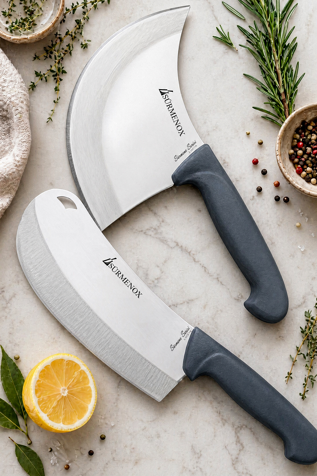 Sürmene Silver Series 2-Piece Pizza Dumpling Knife Gray Handle Pita Salad Minced Kitchen Knife (Srm-03)