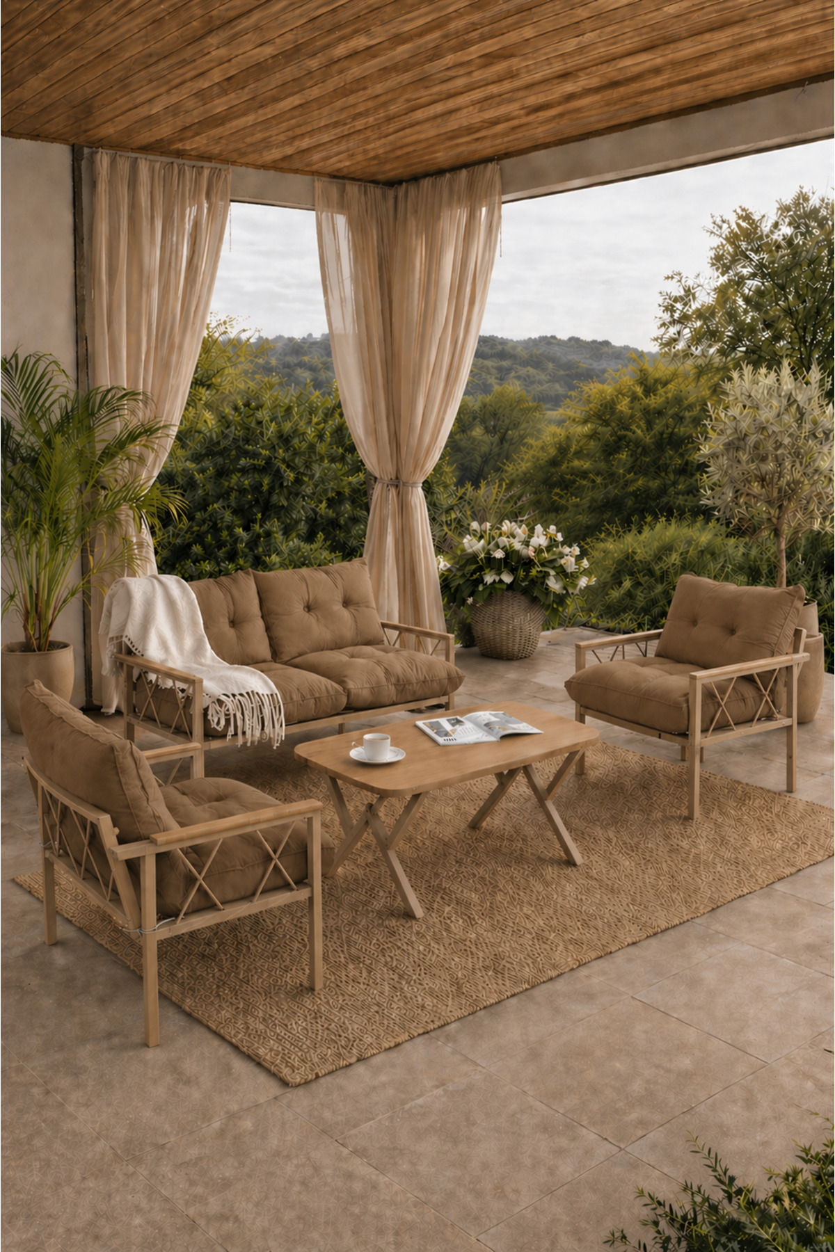 Miray Cappuccino 211 Table Brown Zipper Buttoned Garden Seating Group Balcony Seating Set