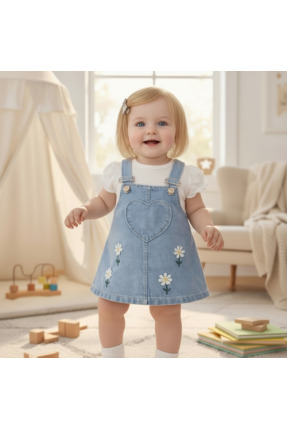 ALTINTAŞ BABY Papatya Nakışlı Kalp Desenli Kot Görünümlü Pamuklu 2li Salopet Set