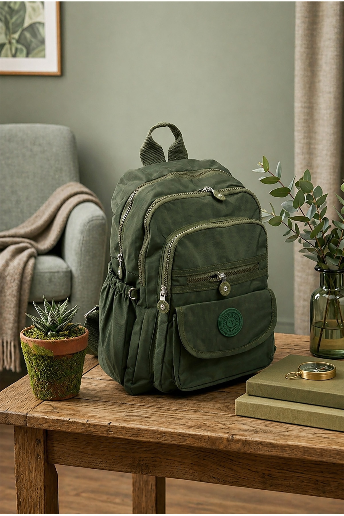 Small Size 33cm Krinkle/Clinker Waterproof Fabric Multi-Eye Casual Women Backpack Dark Green 8317