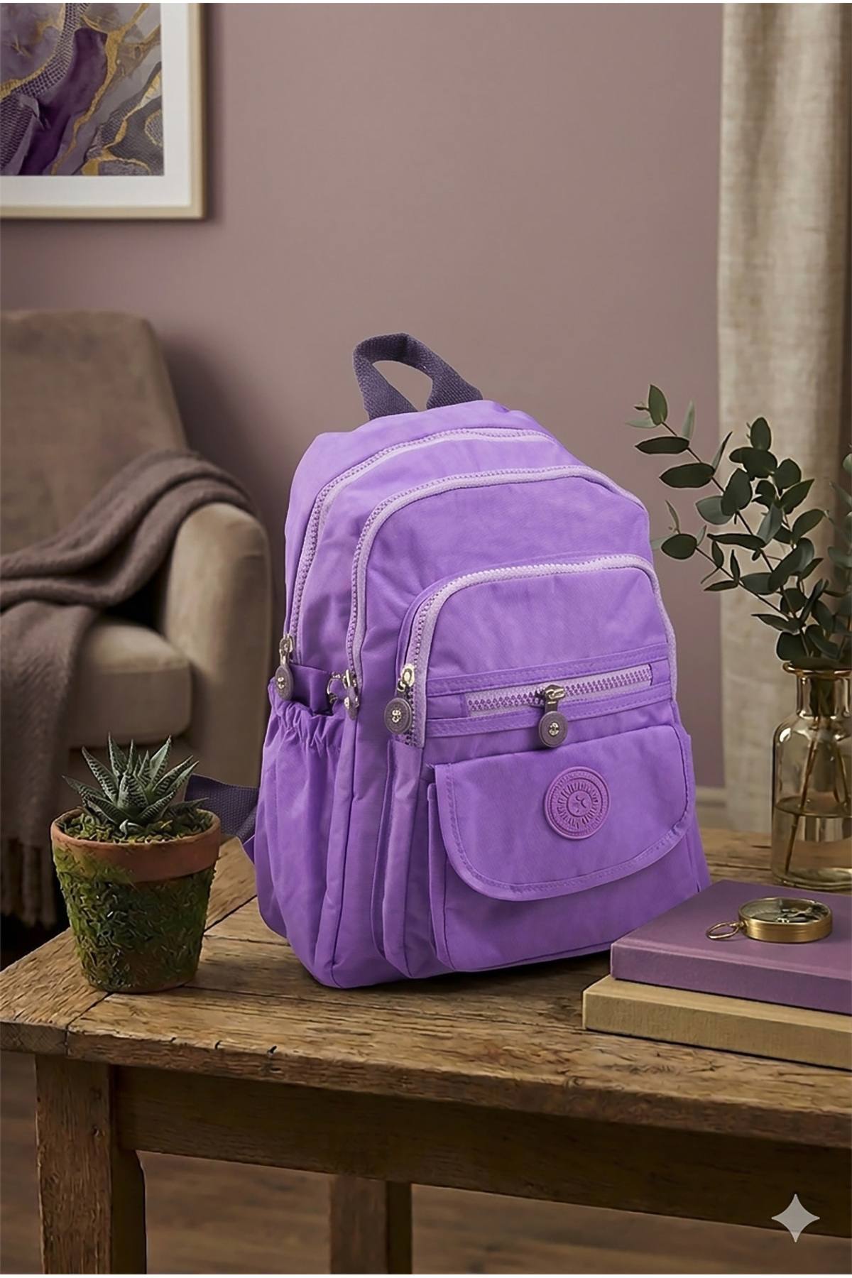 Small Size 33cm Krinkle /Clinker Waterproof Fabric Multi-Eye Casual Women Backpack Lilac 8317