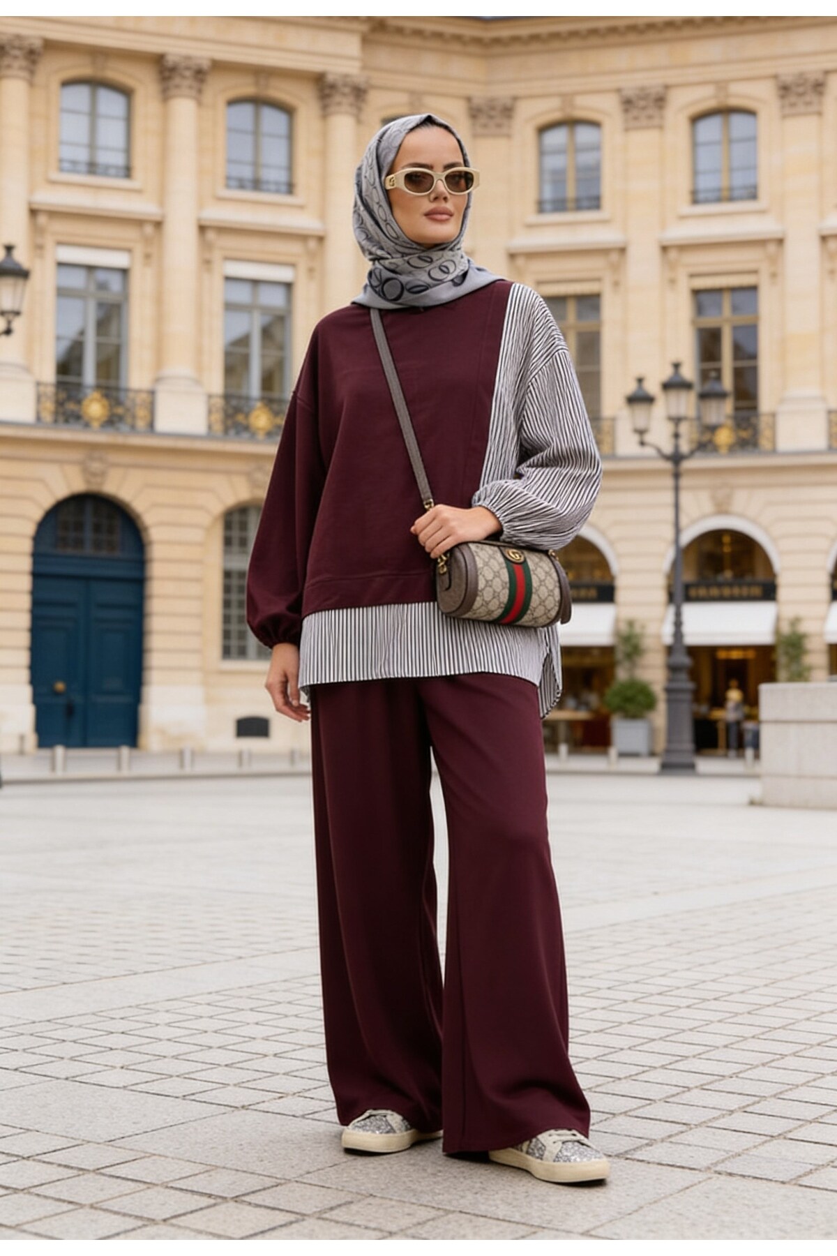 Aselim Hijap Moda Striped Shirt Detail Tunic Two-Piece Set | Pocketed Wide-Leg Burgundy