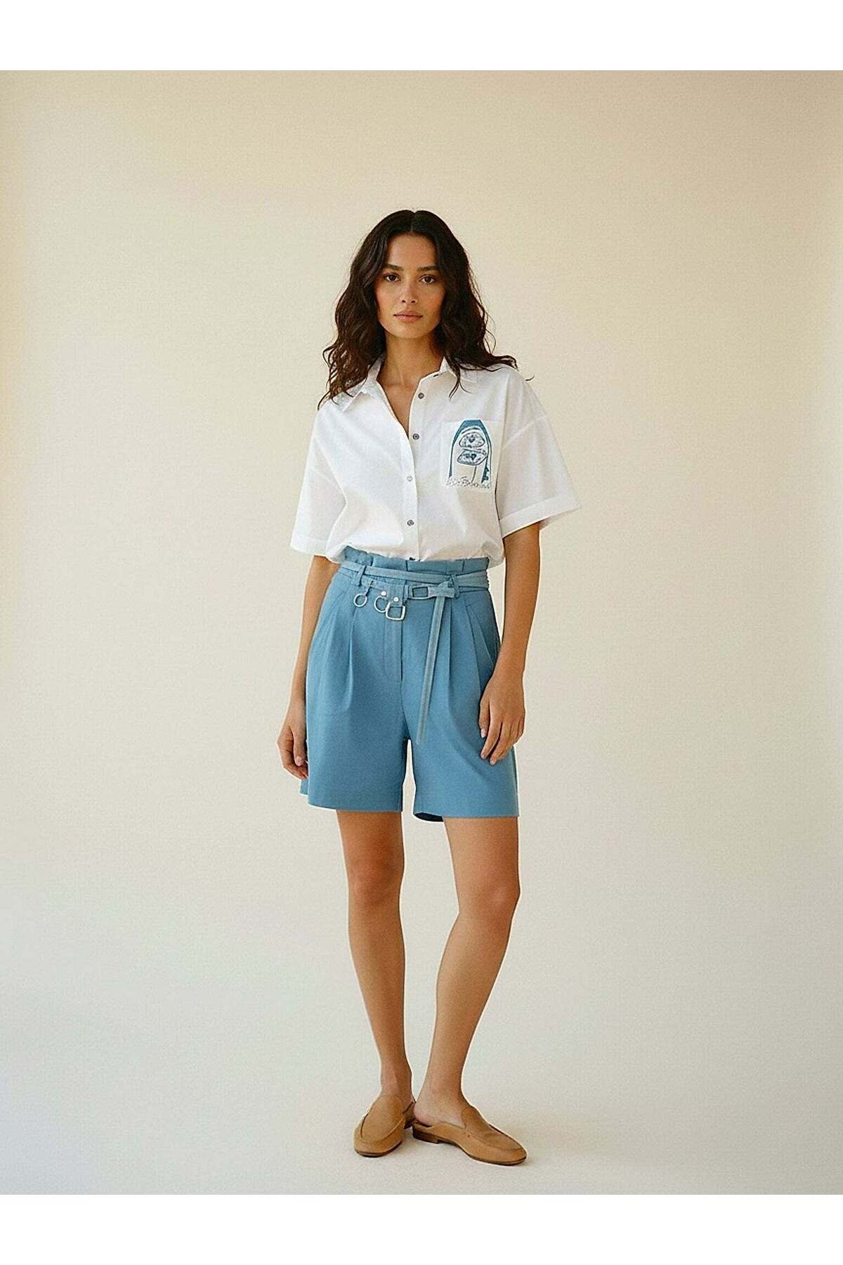 Women's Blue Drawstring Shorts – Stretchy Waist, Summer Comfortable Fit | Frn Line