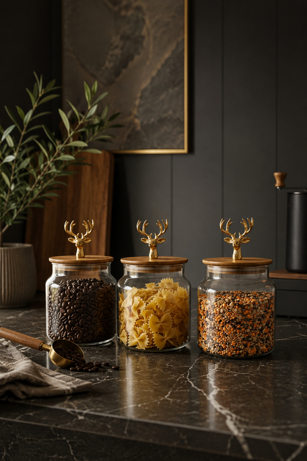 3-Piece Glass Jar Set with Bamboo Lid and Metal Deer Figure - Storage Container 635cc