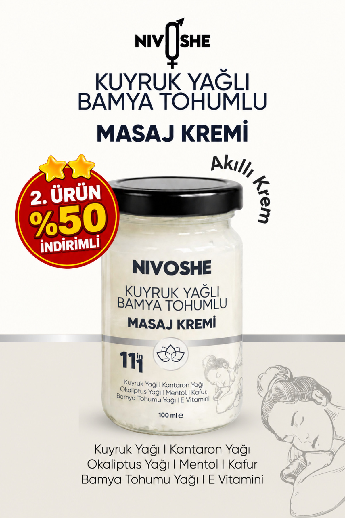 NIVOSHE Kuyruk Yağlı Bamya Tohumlu Rahatlatıcı Bel, Boyun, Kol, Sırt, Diz, İçin Ağrı ve Akıllı Masaj Kremi