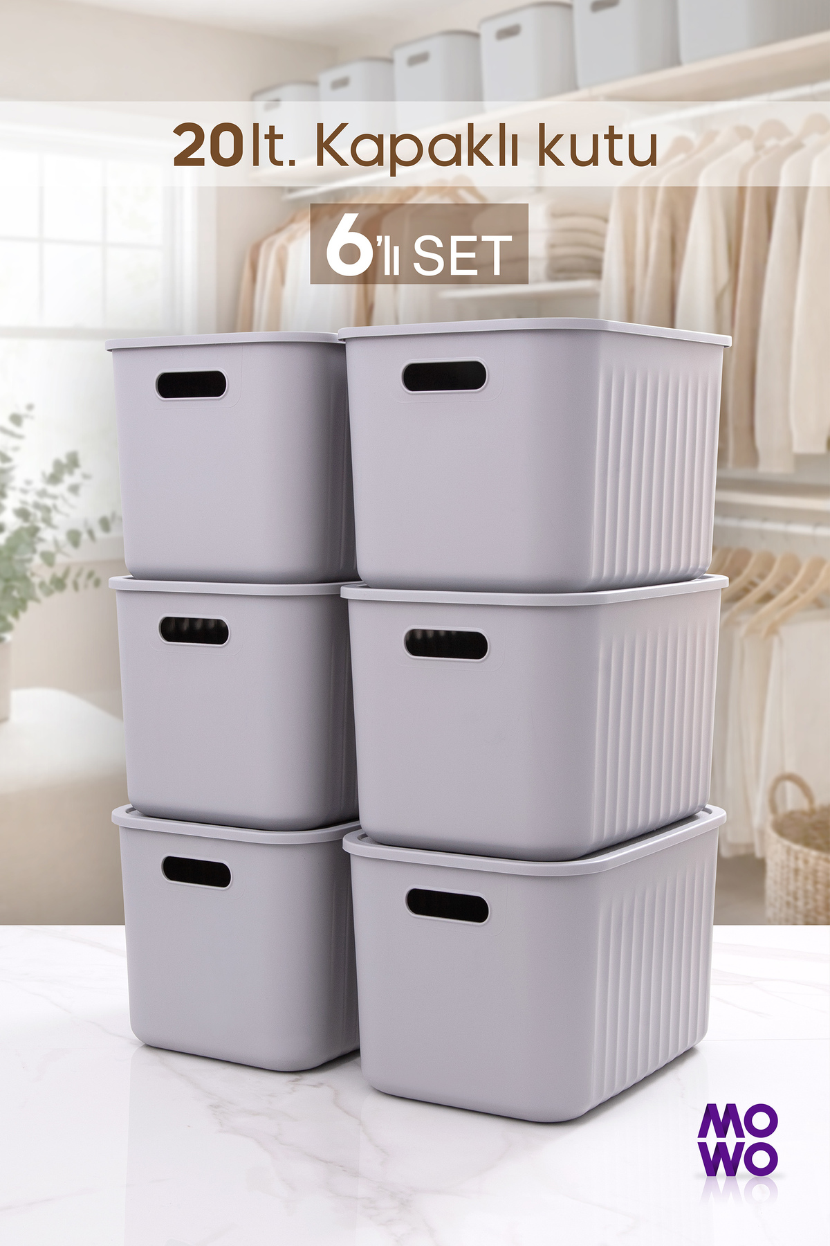 BigBox 20 Lt 6 Pcs Gray Cabinet Organizer Storage Box with Lid Basket Organizer Toy Box