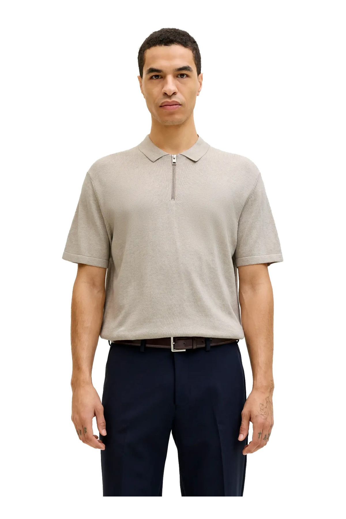 پلیور مردانه کرم رنگ گشاد کد ۱۲۲۸۸۲۶۰ JJEEMIL KNIT ZIP POLO SN جک اند جونز پلیور Jack & Jones