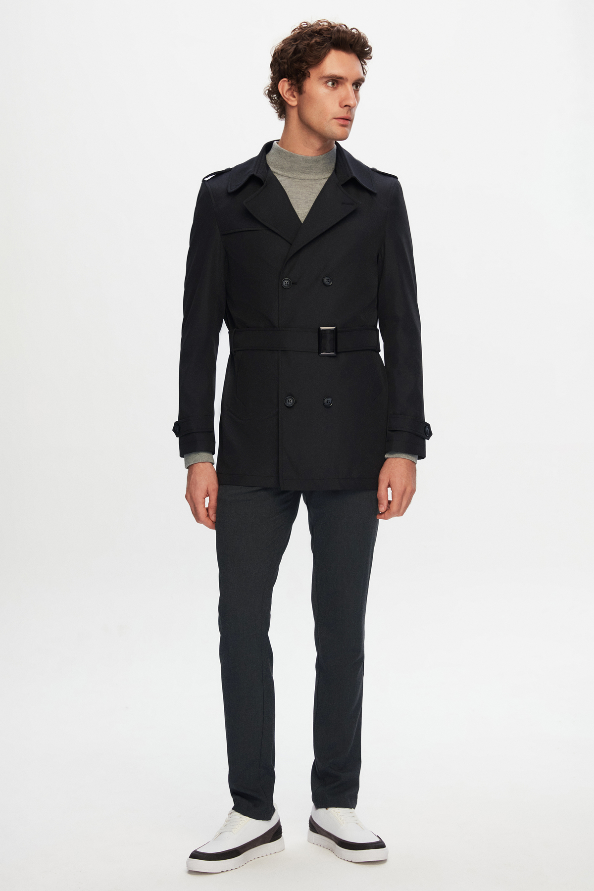 D'S Damat Ds Damat Regular Fit Siyah Apoletli Beli Kemerli Pardösü/Trenckot görsel 6