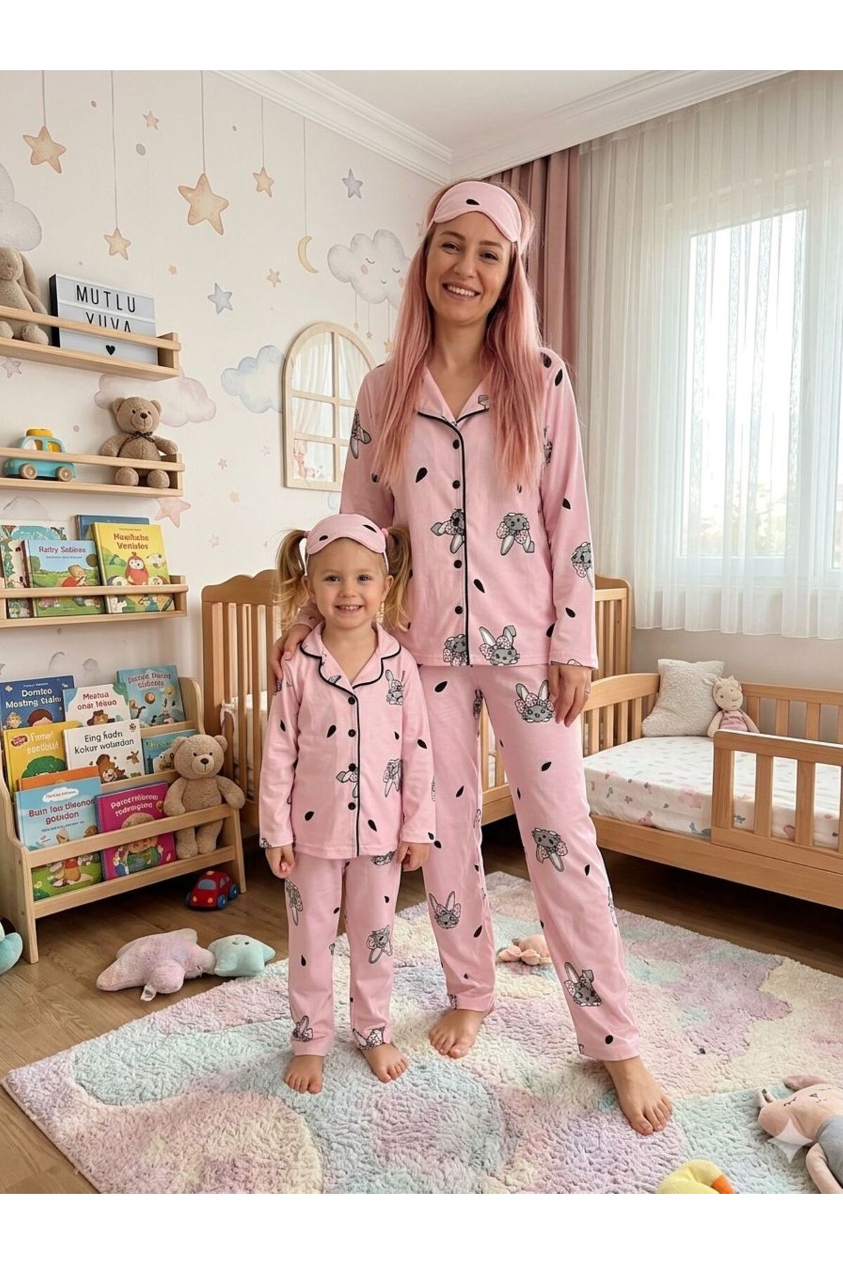 ALİŞ KİDS Mother-Daughter Cotton Pink Rabbit Patterned Shirt Collar Seasonal Pajama Set with Sleep Band