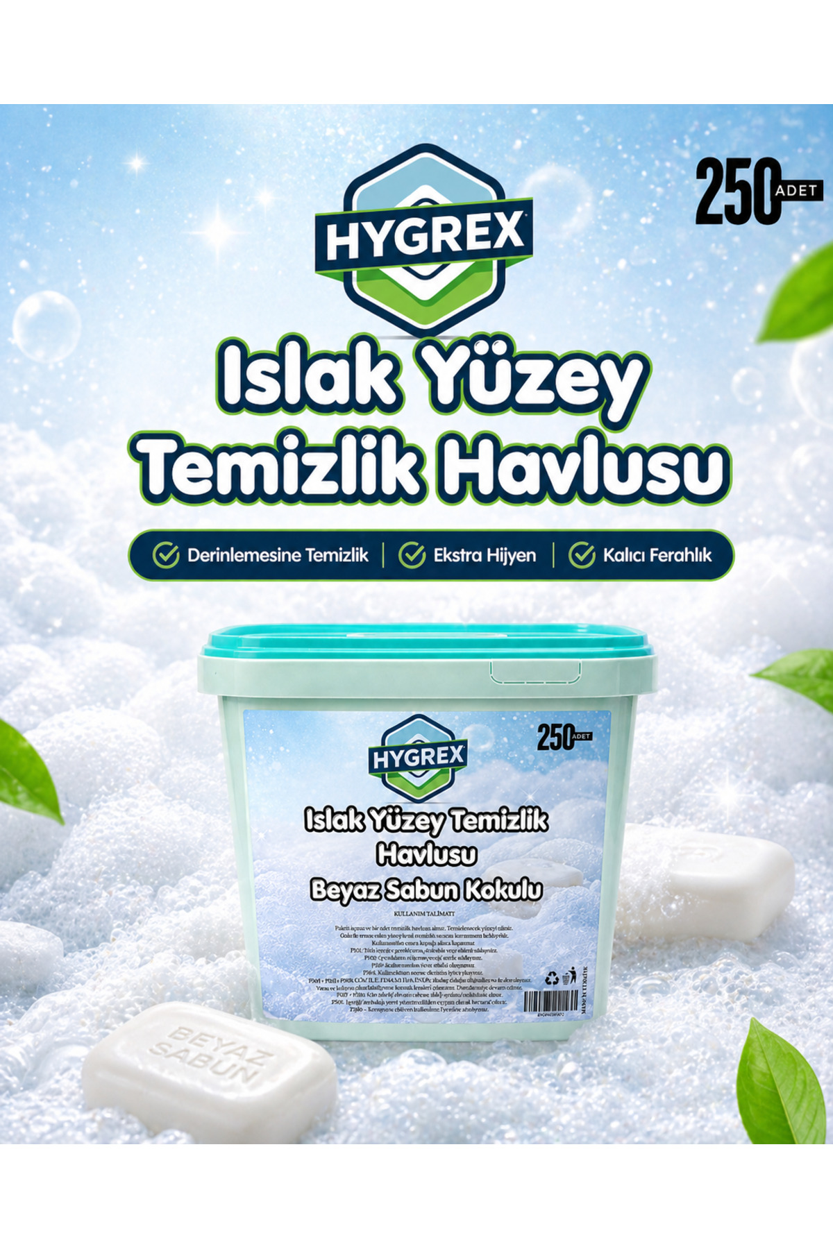 HYGREX Yüzey Temizlik Havlusu Beyaz Sabun Kokulu Islak Kova Mendil