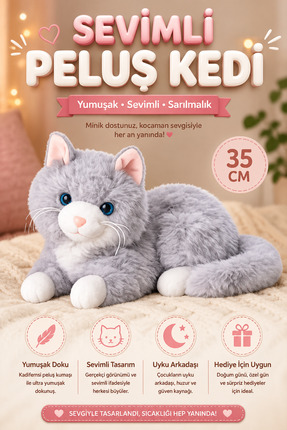 viyolmarketim Sesli Miyavlayan Peluş Kedi 35 cm – Gri Yumuşak Oyuncak, Uyku v...
