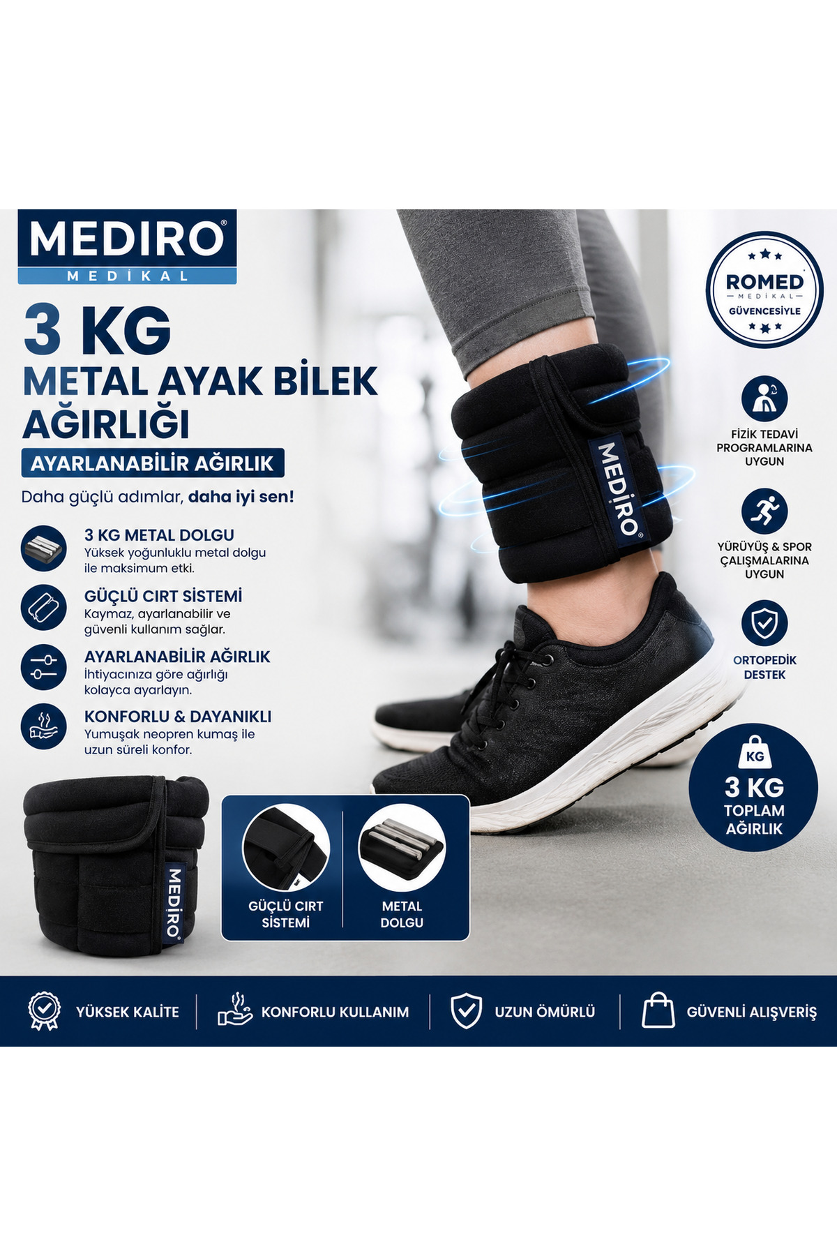 Romed MEDİRO 3 KG Metal El Ayak Bilek Ağırlığı-Ayarlanır Sporcu Ağırlık