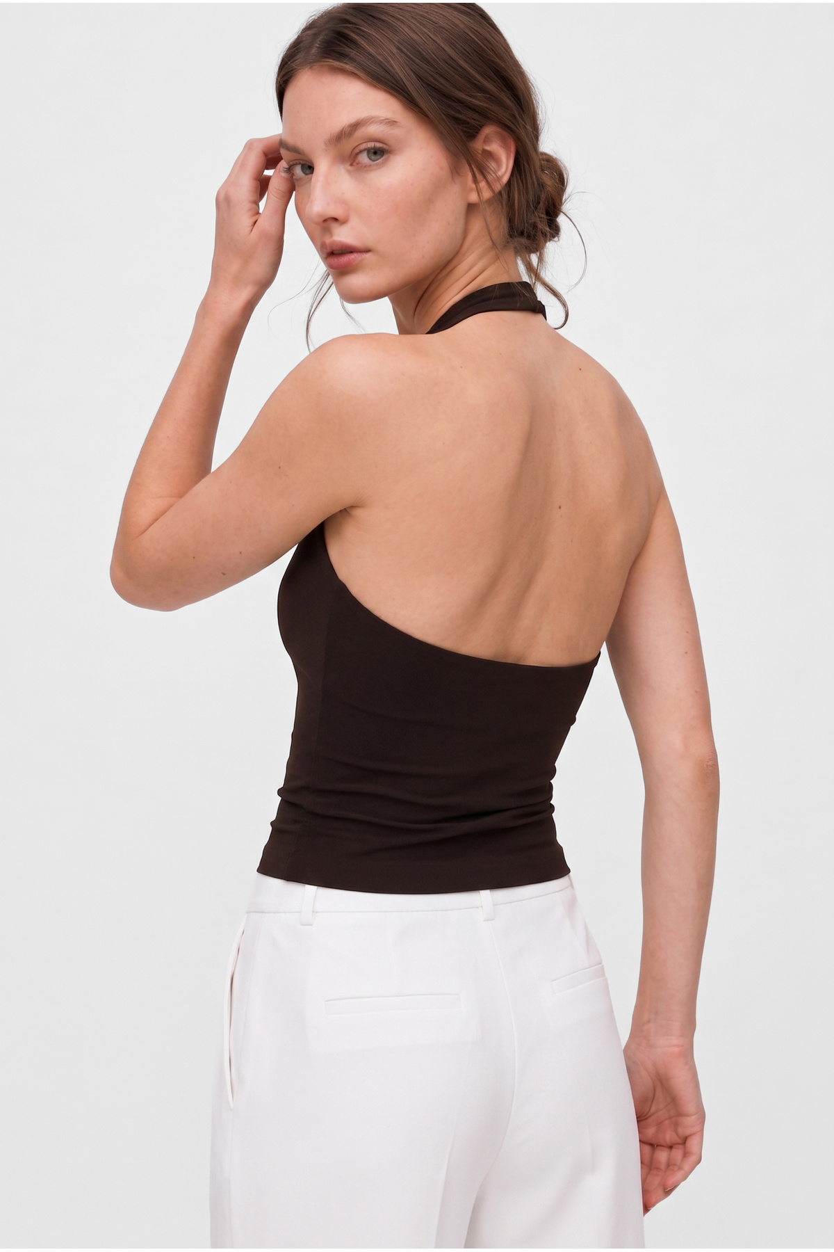 OLYNN  Kahverengi Ultra Premium Soft Halter Yaka Çift Kat Top Body - Görsel 3