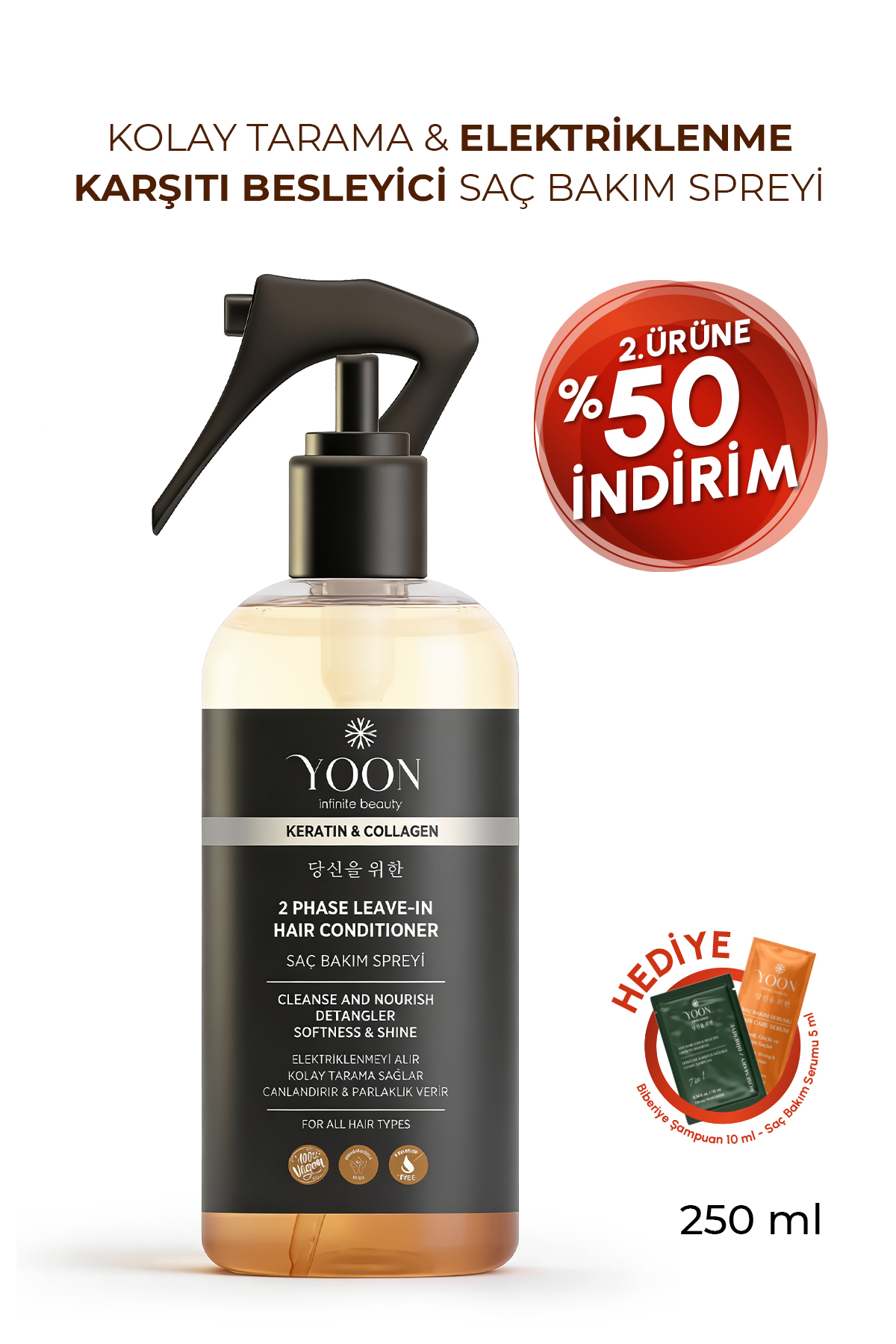 YOON Kolay Tarama & Elektriklenme Karşıtı Saç Bakım Spreyi, Isı Koruyucu Uniseks Vegan Saç Spreyi 250ml — Y-832