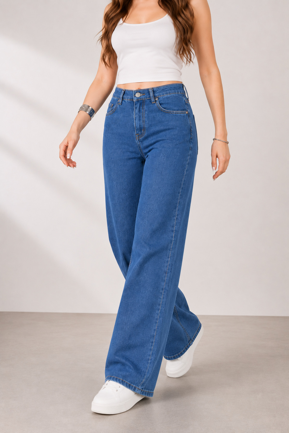 Lighter Jeans  Kadın Orta Mavi Yüksek Bel Straight Fit Wide Leg Jean Pantolon Rahat Kalıp Likralı Denim Kot - Görsel 4