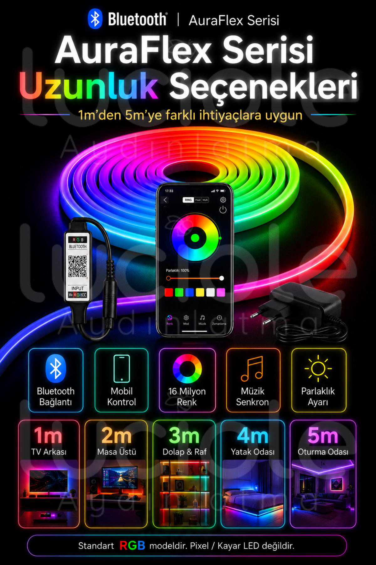 luciole 5 Metre RGB Neon LED Şerit | AuraFlex Serisi | Bluetooth