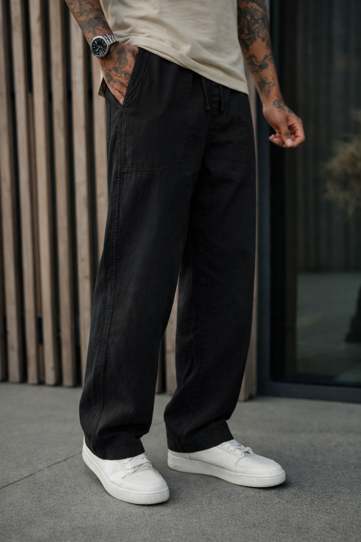 DAMGA JEANS Erkek Premium Jogger Relax Fit Siyah Keten Pantolon