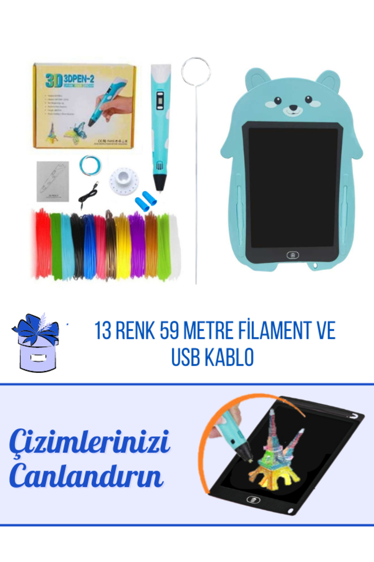 BLUE 3d Pen 3d Pen Printer Pen | 59 Meters Pla Filament Graphic Tablet Usb Cable