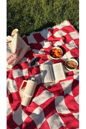 Cudl Club Picnic Kırmızı Dama Desenli %100 Pamuk Çok Amaçlı Örtü Koltuk Örtüs...