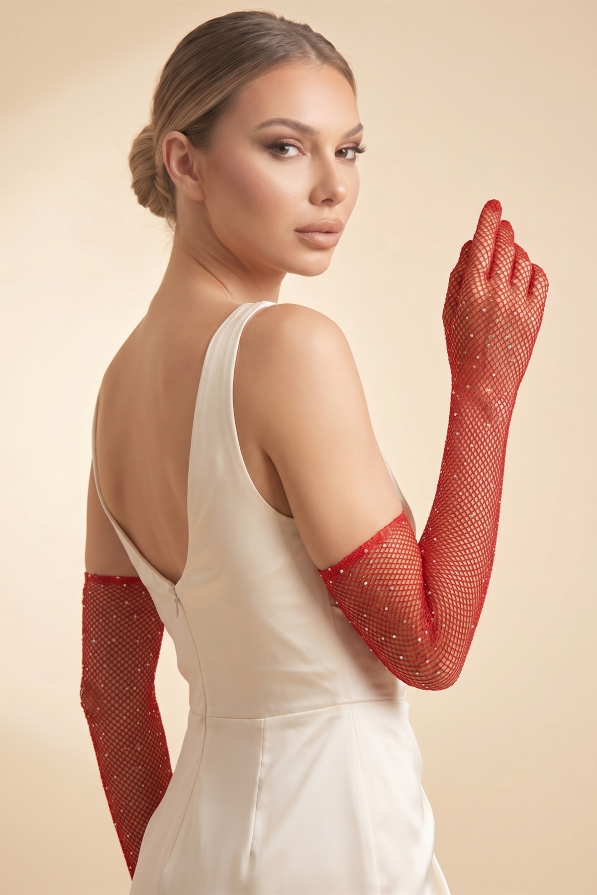 Elegance Scarf Uzun File Taşlı Eldiven Kırmızı Abiye Davet Gece Parti Söz Kına Nişan Mezuniyet görsel 4