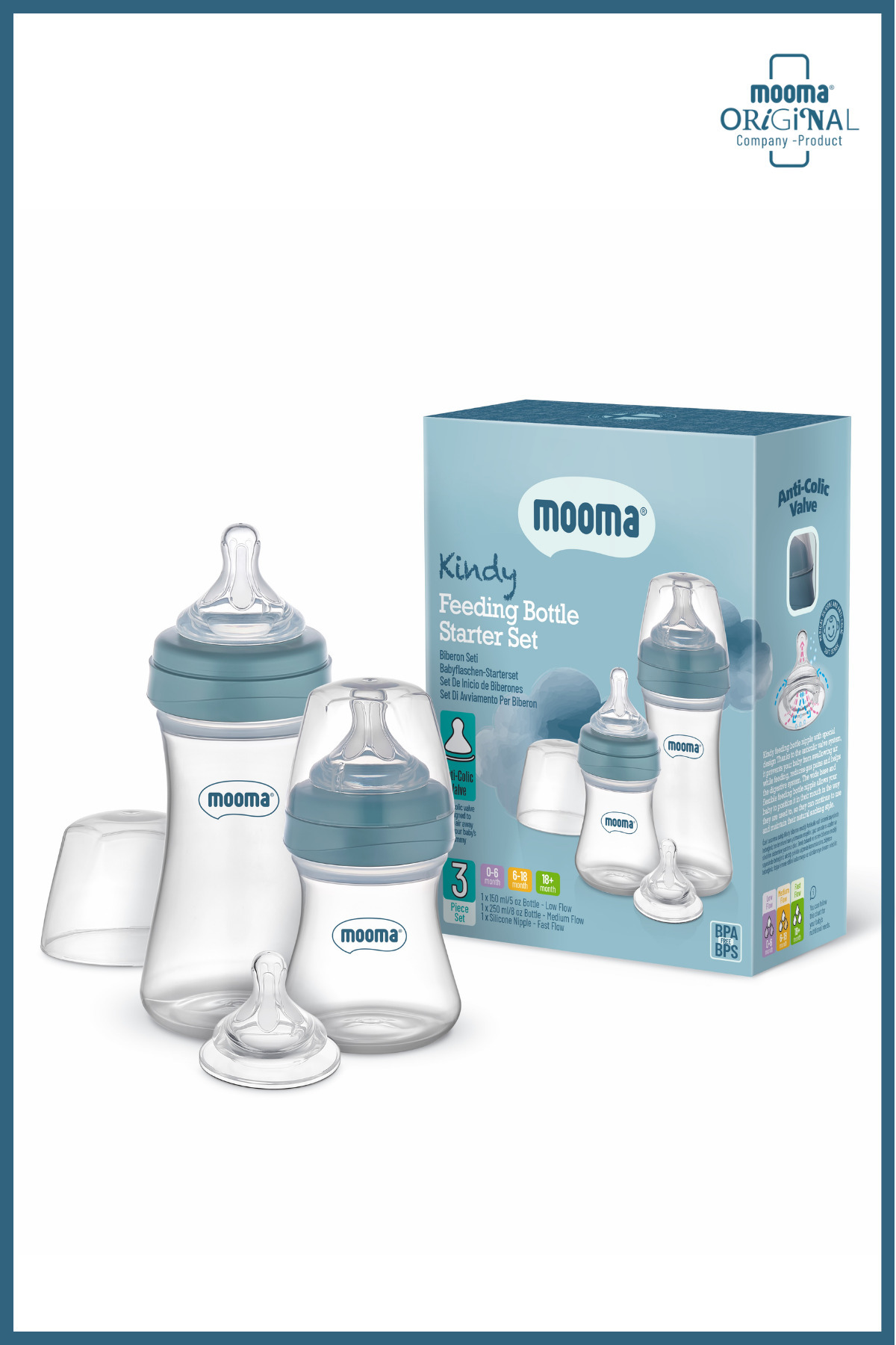 MOOMA Kindy Doğal Tepkili Antikolik 150 ml, 250 ml PP 0+ Ay Biberon Başlangıç Seti - Ball Blue