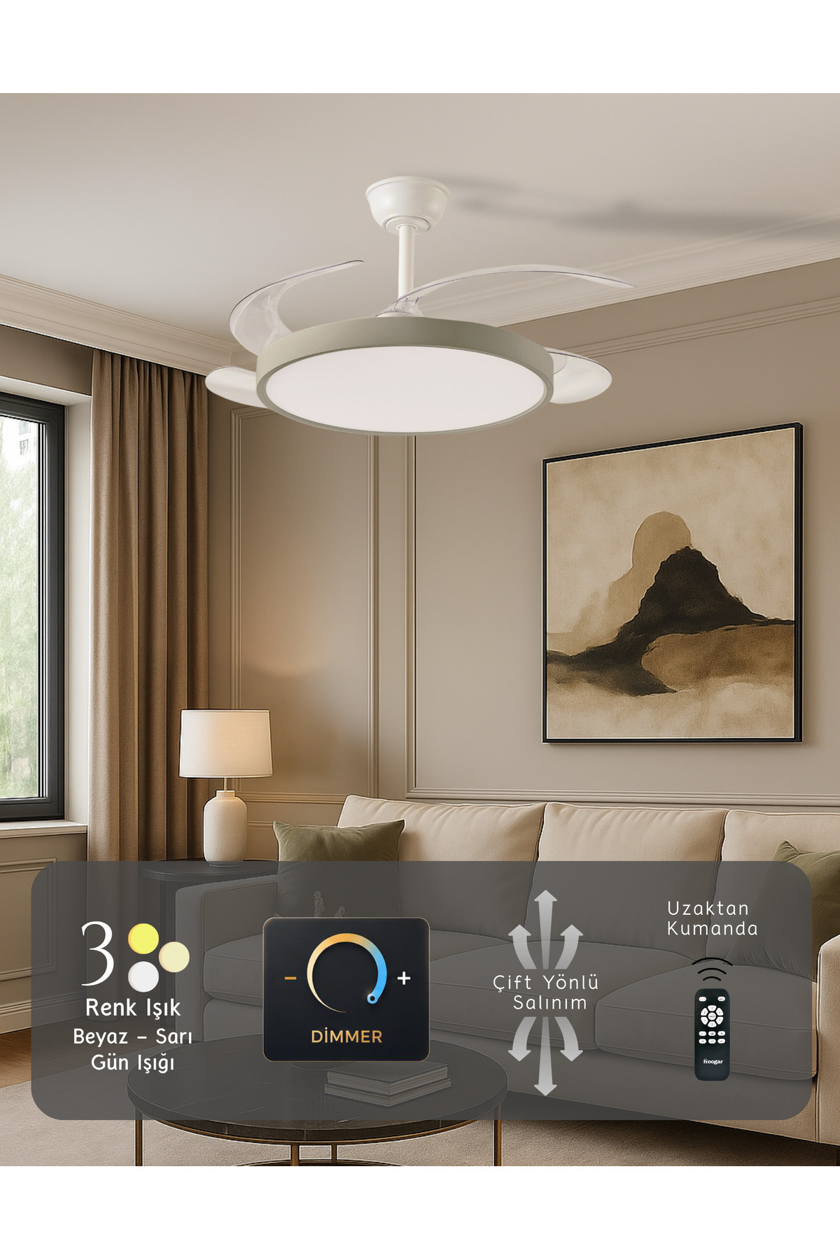 German Kalt GREY Series Ceiling Fan 3 Colors Led Hidden Propeller Dimmer Controlled BL Nonheating Engine