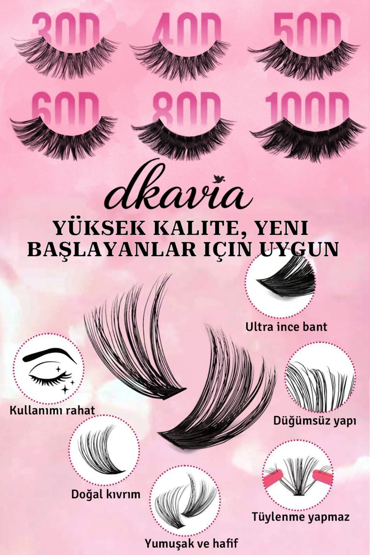 Takma Kirpik Seti 600 Demet Kirpik, Yapıştırıcı, Sabitleyici, Cımbız ve Fırçasıyla (30-40-50-60-80-100D) — DK2602 — تصویر 4 از 6