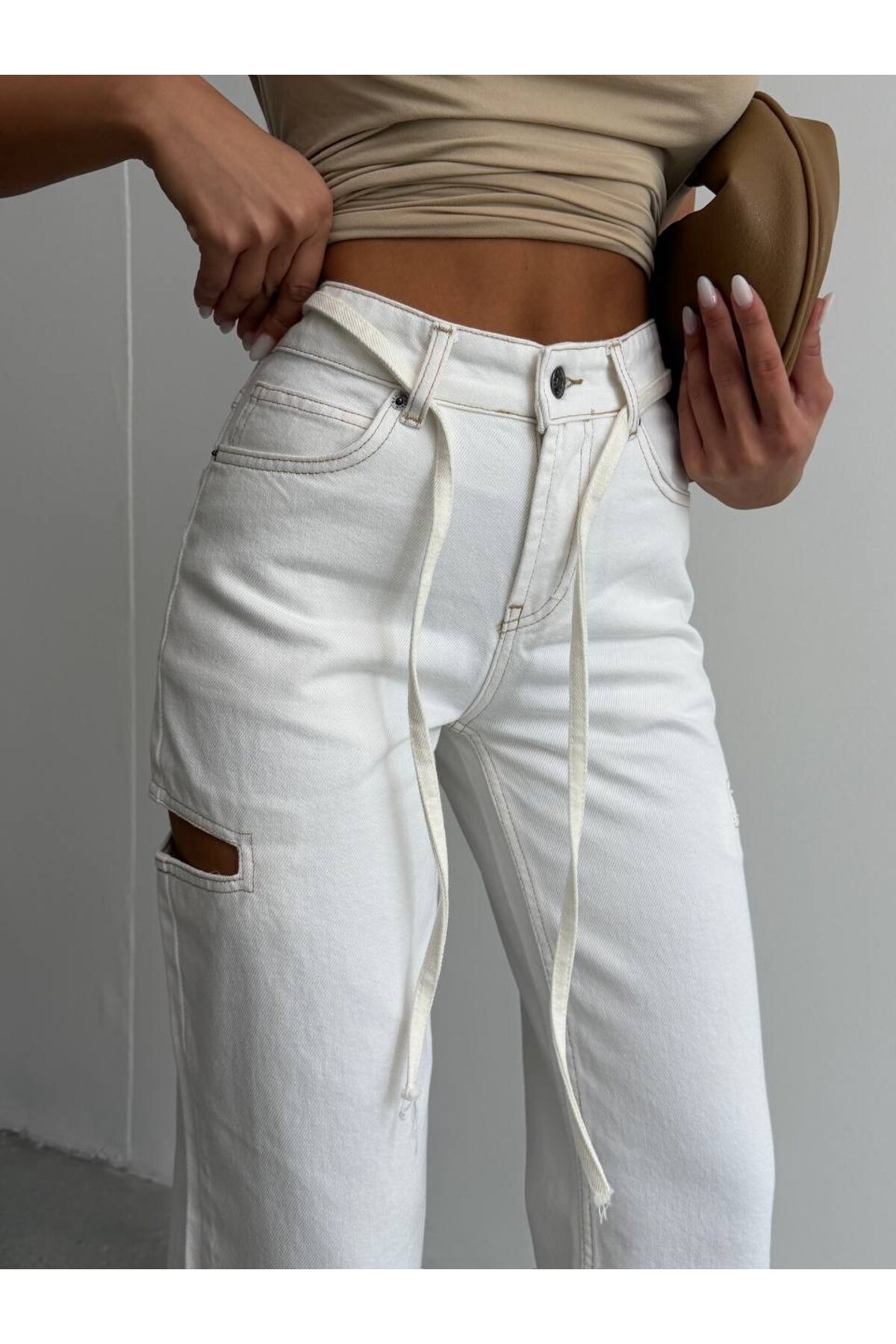 HerTon Pantaloni de damă din denim cu talie înaltă, cu croială largă și detal...