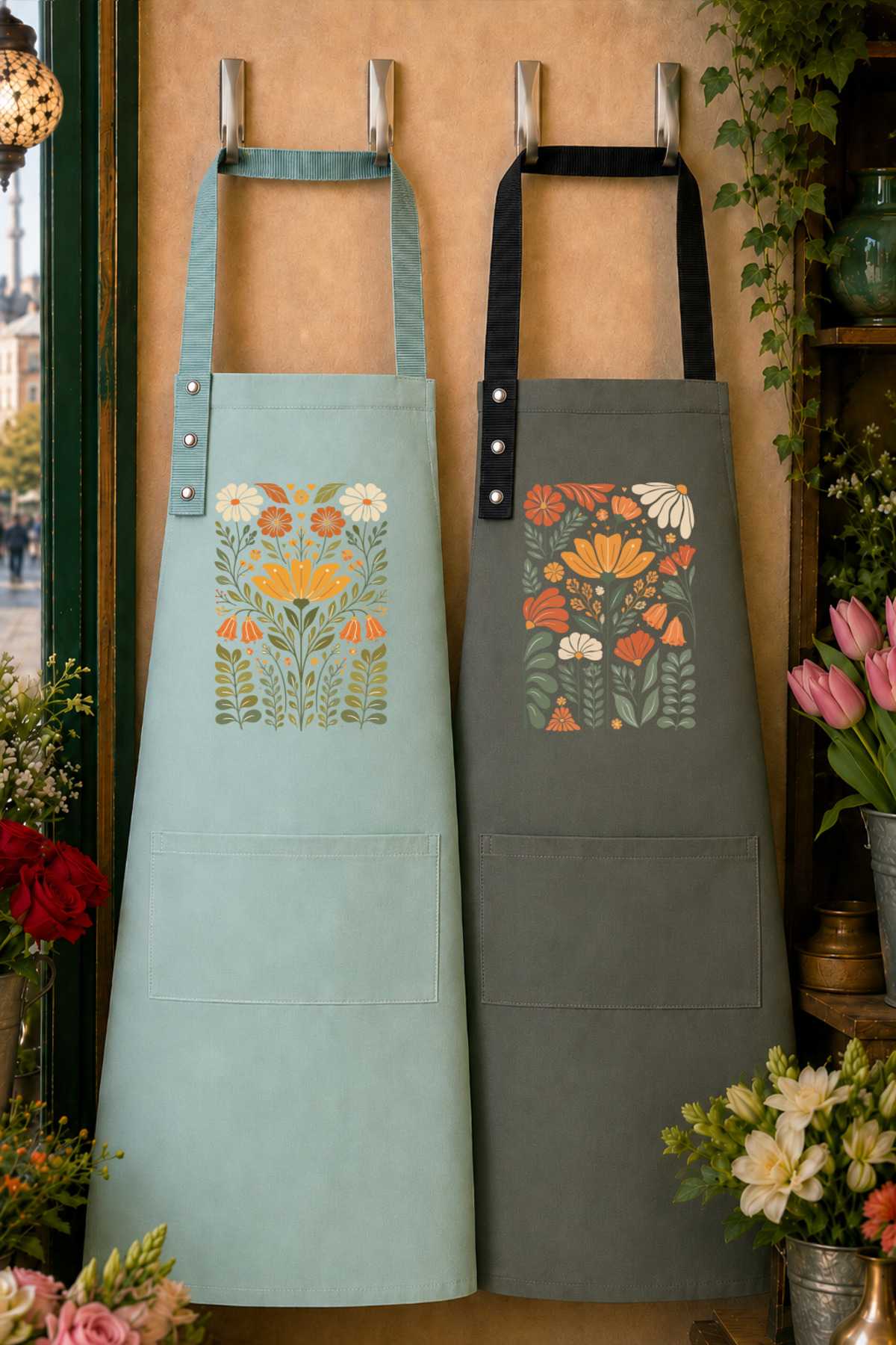Kitchen Apron Set of 2 Stainproof Water Repellent Fabric Fade Proof Printing Chef Floral Pattern Couple Apron