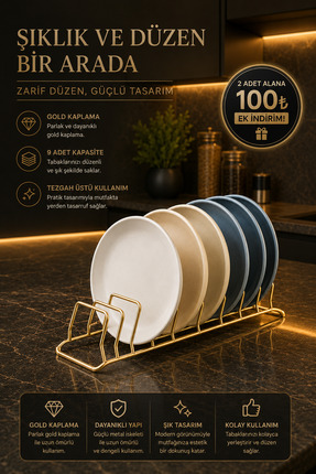 KITCHBATH Tezgah Üstü 9 Bölmeli Gold Bulaşıklık Düzenleyici, Paslanmaz Tabakl...