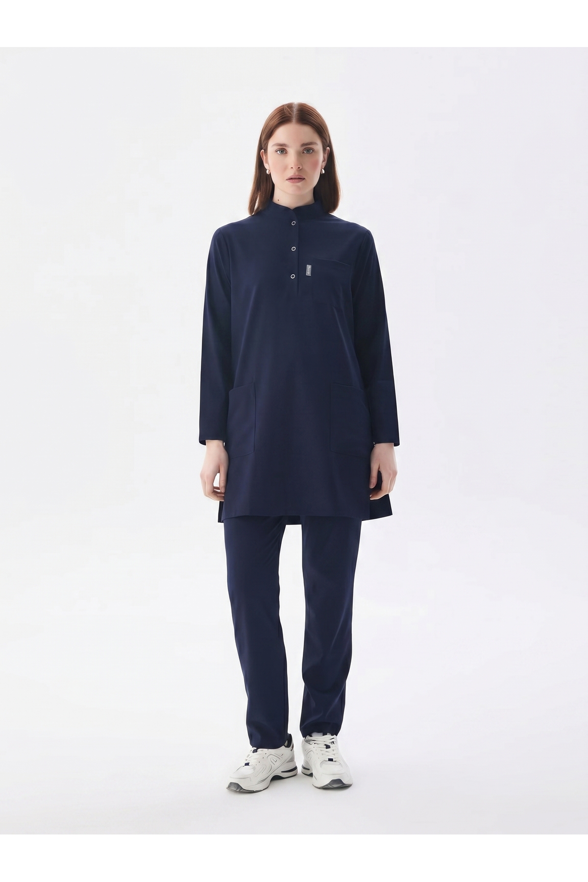Navy Blue Nurse Jersey with Hijab Badge Lycra Scrubs Set (Complies with New Regulation - Patriot Blue)