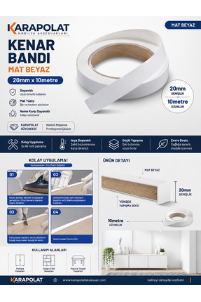 KARAPOLAT Mat Beyaz Melamin Tutkallı Kenar Bandı 20 mm x 10 Metre