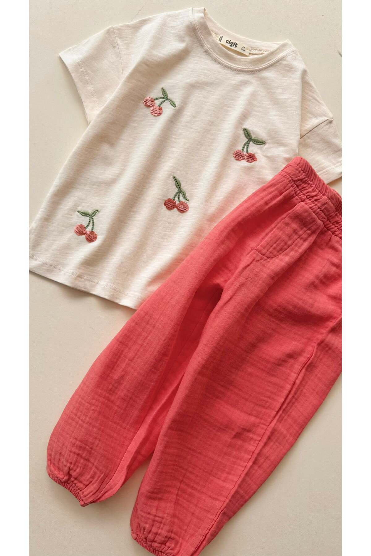 Cigit Muslin Shalwar T-Shirt Set 2-8 Years Ecru