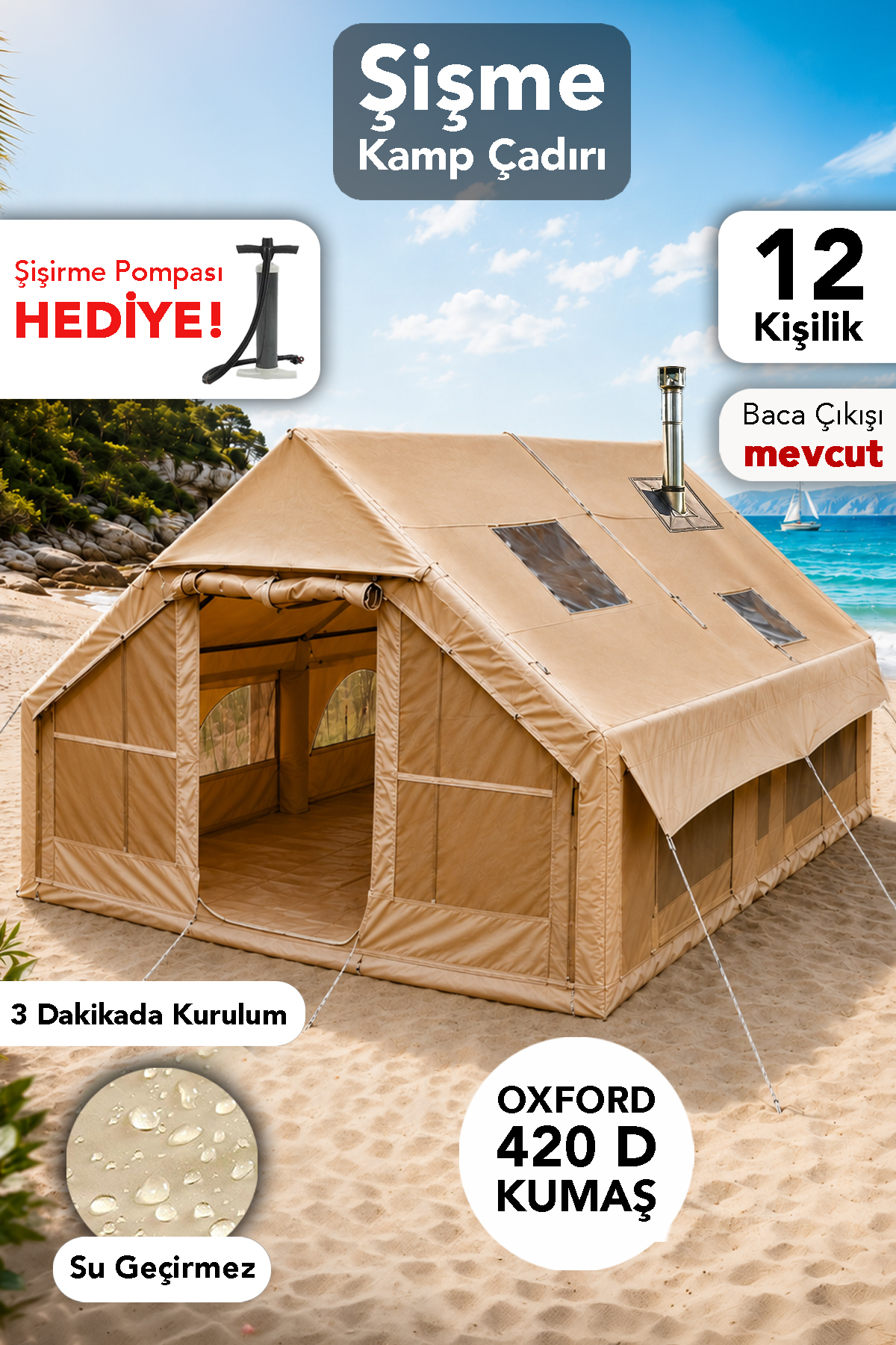 Inflatable Tent for 12 Persons - Waterproof Easy Installation Camping Beach Outdoor Tent Inflatable Pump Gift