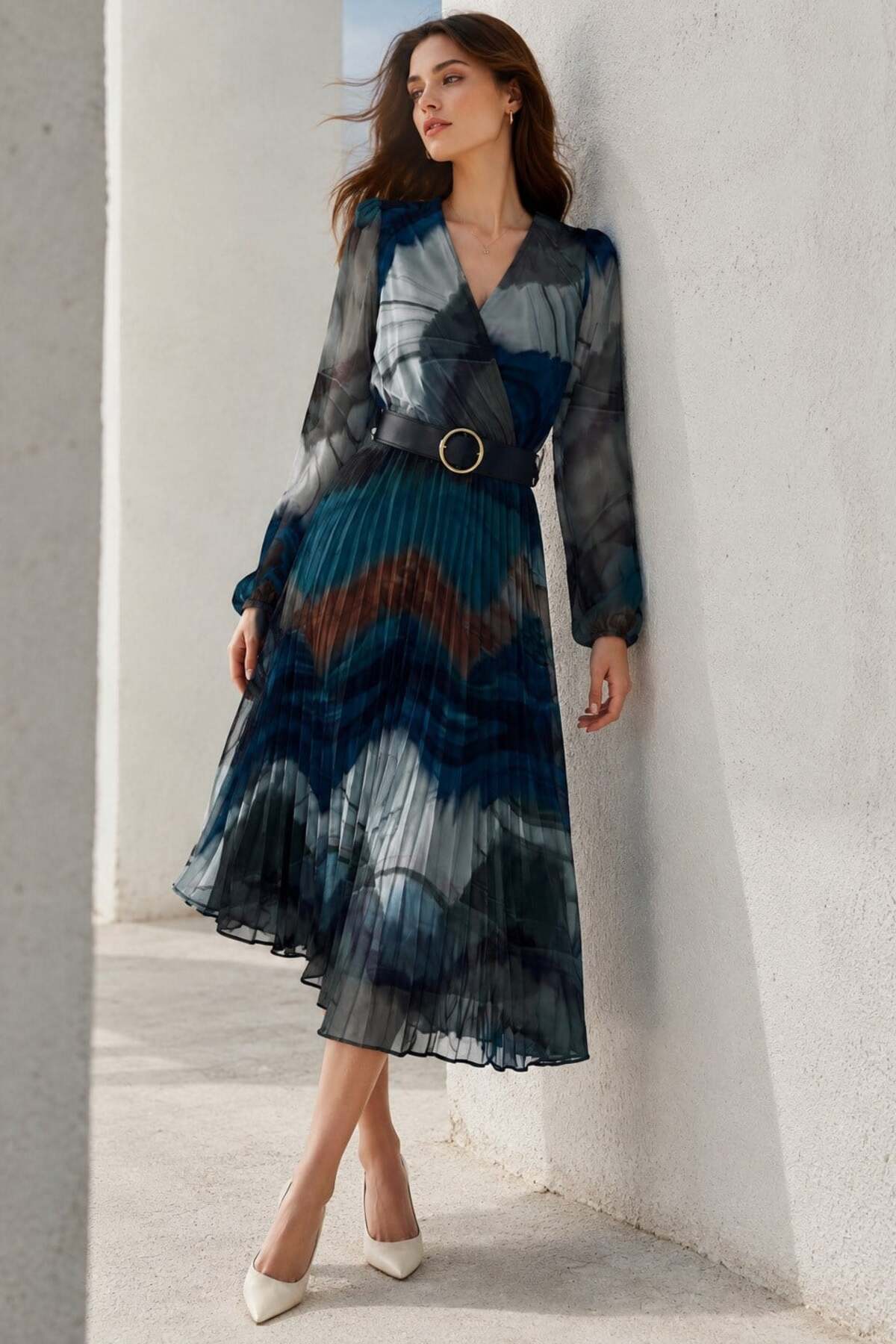 Madmext Blue V-Neck Patterned Elastic-Waist Chiffon Dress MG2225