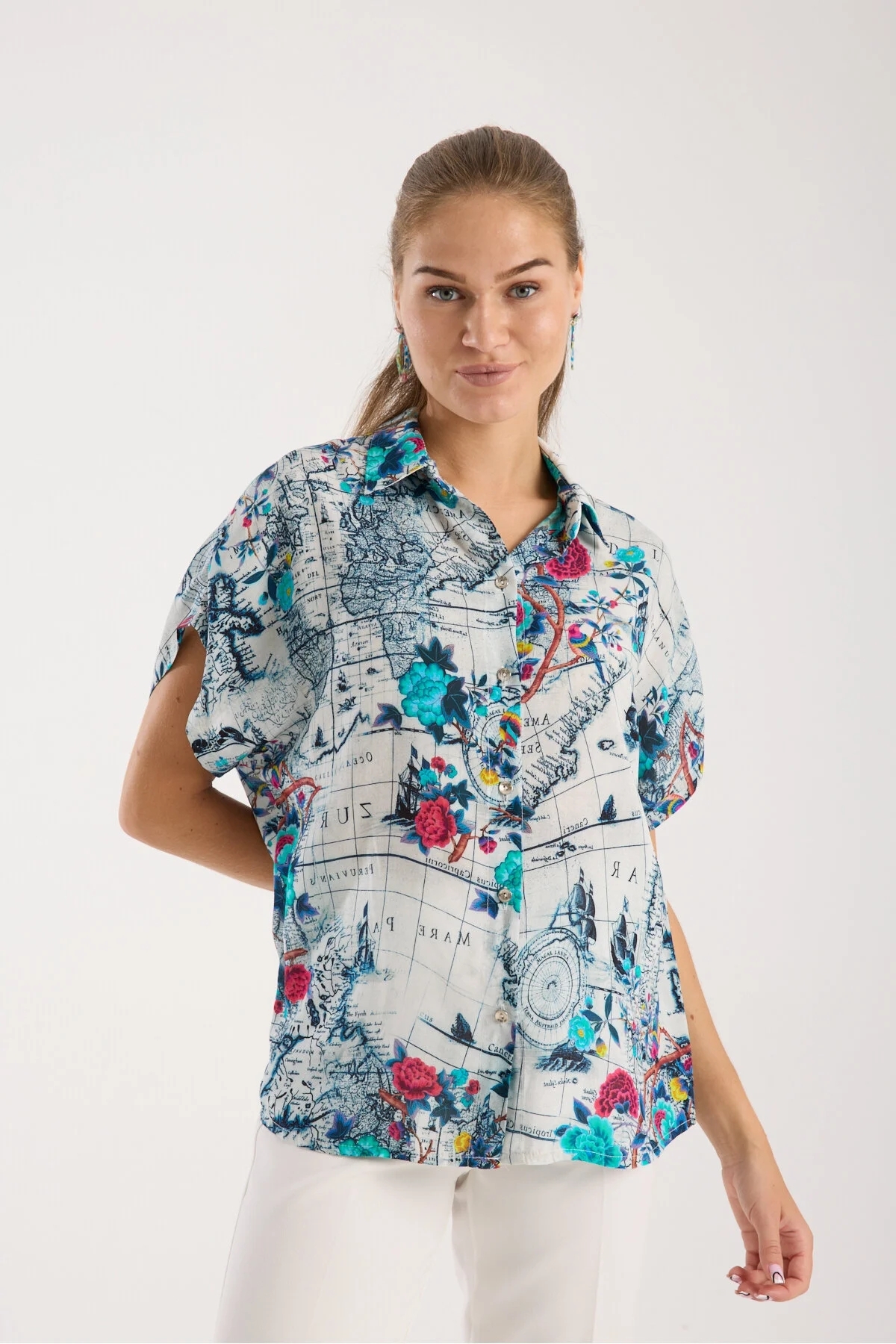 Short Sleeve Oversized Blue Ethnic Pattern Shirt