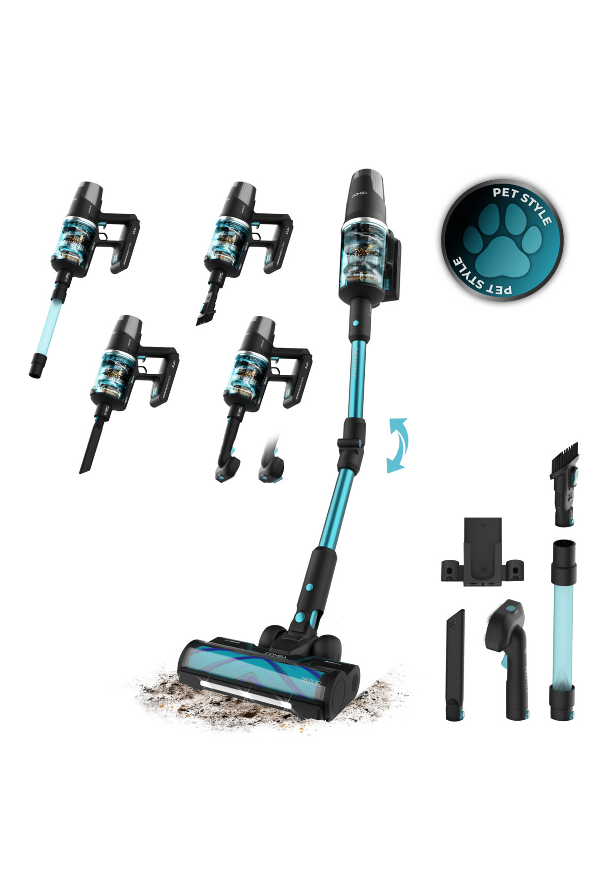 CECOTEC Conga Rockstar RX50 Pet Flex Kablosuz Dikey Süpürge | 30.000 Pa, 90 dk Şarj, LED Başlık