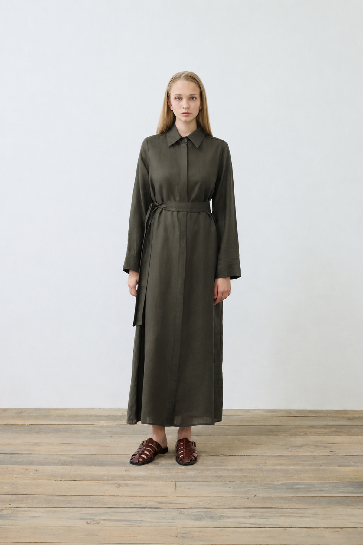 NATURAL 100% LINEN SHIRT DRESS KHAKI