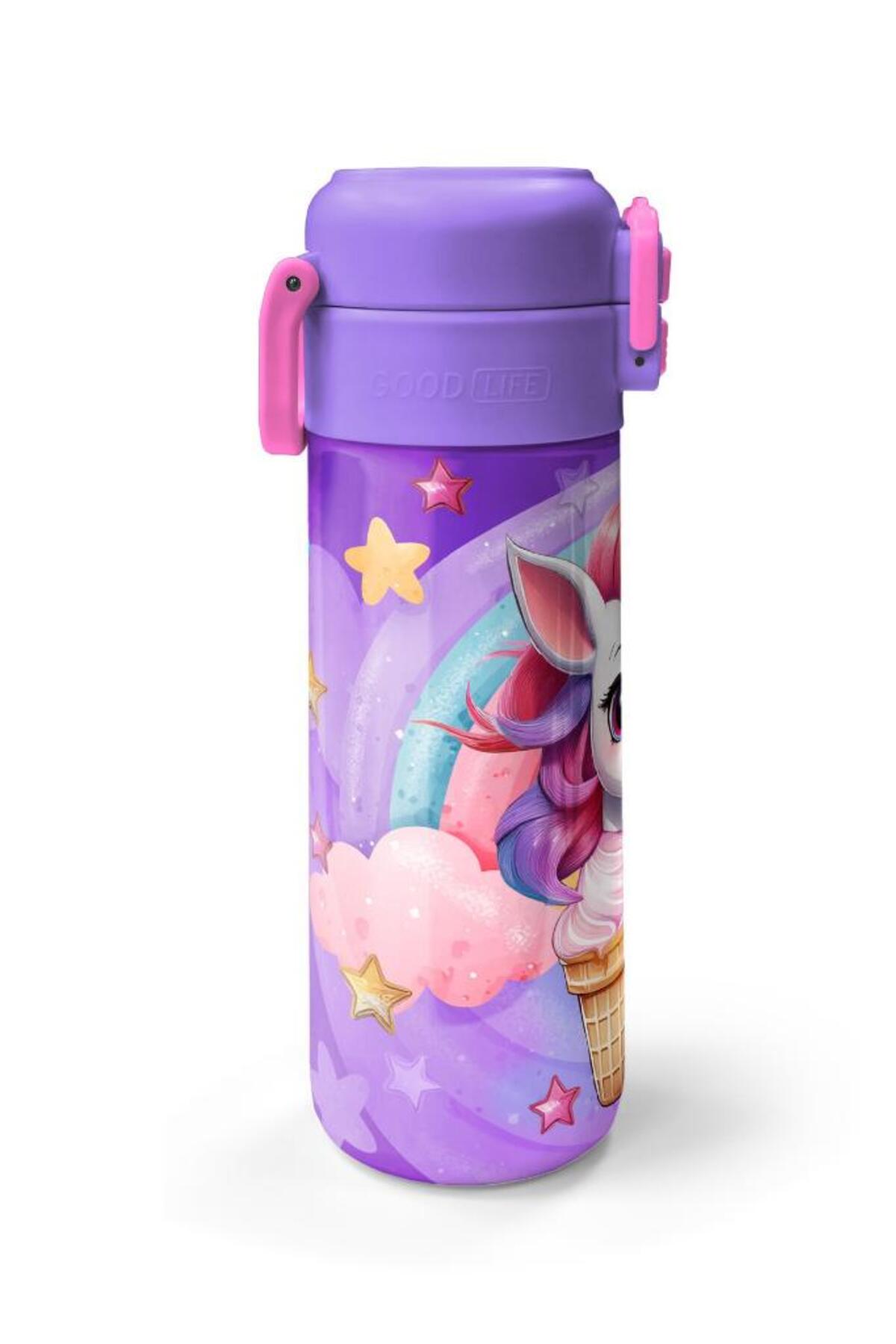 Kids Mor Pembe Unicorn Dondurma Desenli Pipetli ve Direkt İçim Çelik Termos 500 ml 31859