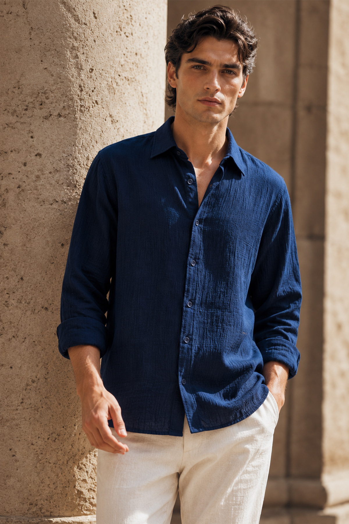Navy Blue Regular Fit Muslin Shirt