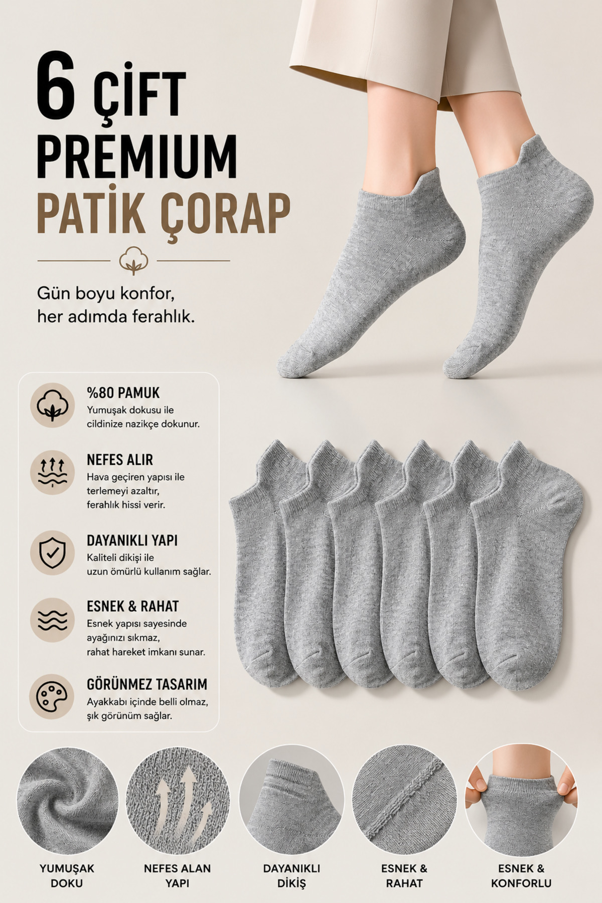 Socks Stores 6 Çift Unisex Gri Kulaklı Spor Ayakkabı Sneaker Pamuklu Patik Çorap