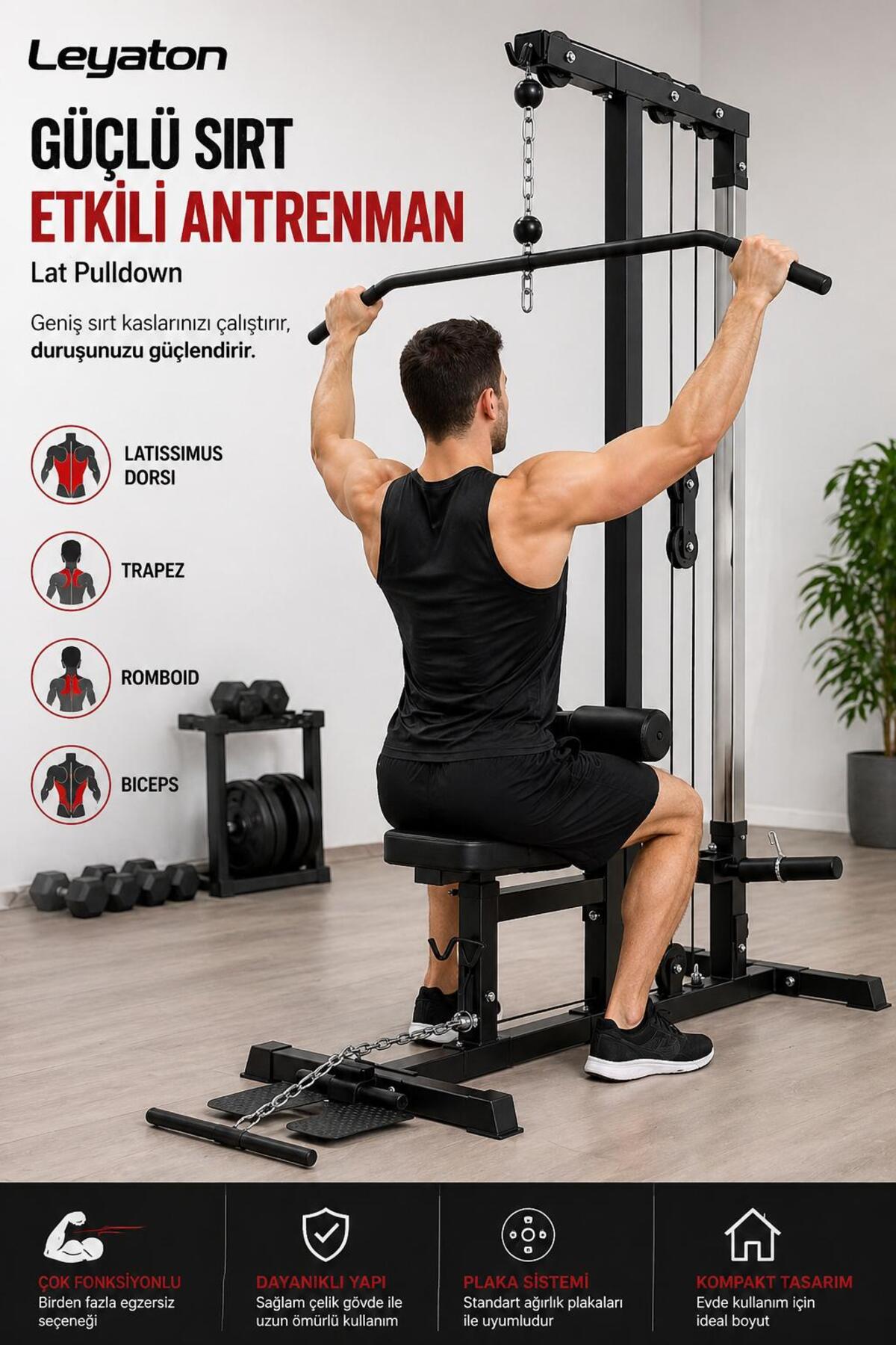 Clifton Çok Fonksiyonlu Fitness İstasyonu Lat Pull-Down Cable Antreman Bar Makinesi