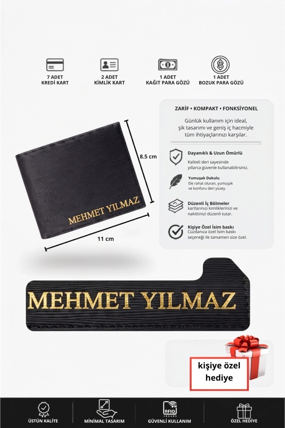 VANİLLA COLLECTİON Deri Cüzdan Kişiye Özel İsim Basklı-9 Kart-Bozuk Para Bölmeli Kelebek Model Siyah Cüzdan görsel 2