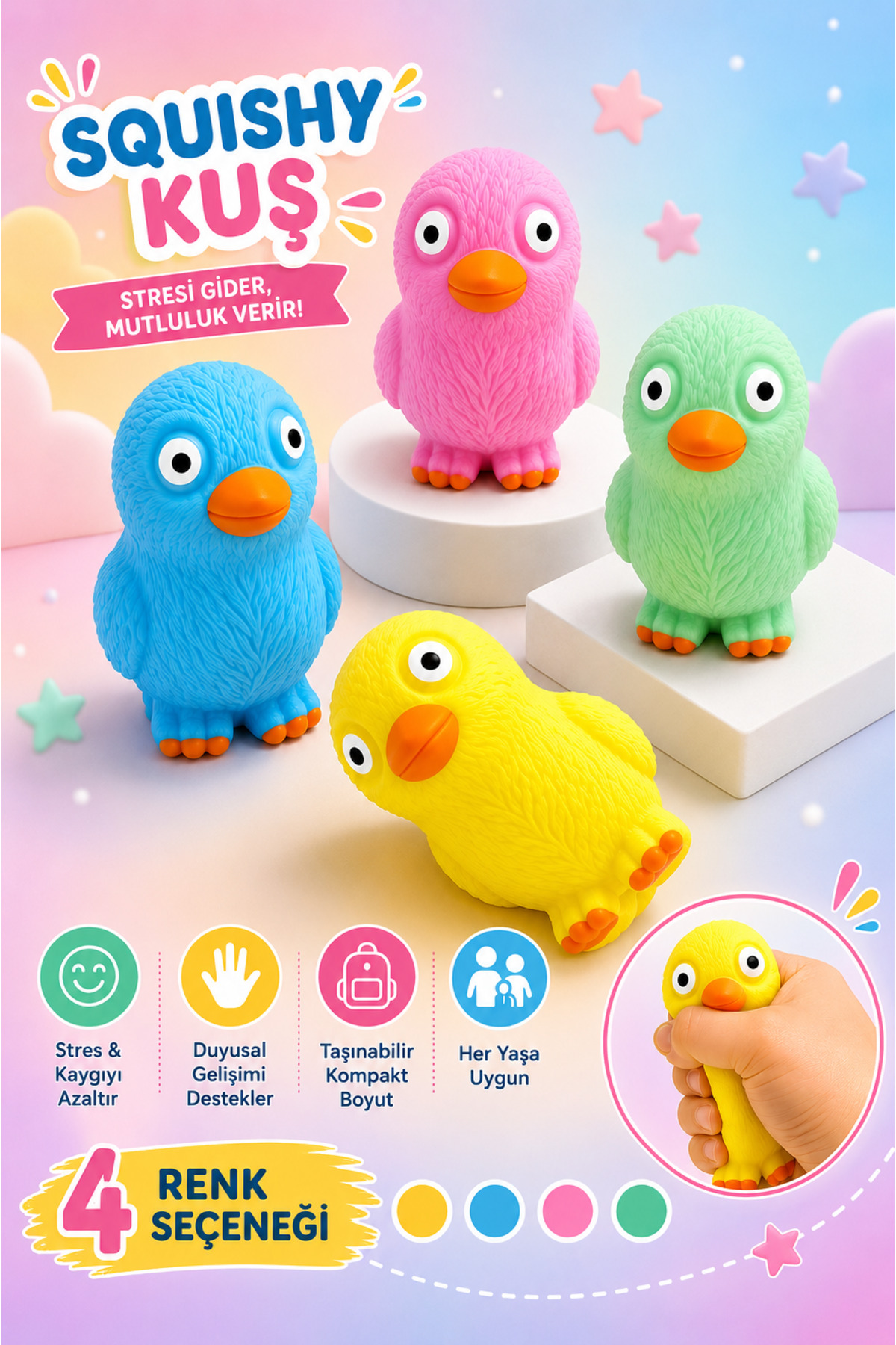 MİNGODAN Tweety Duyusal Oyuncak Squishy Kuş Stres Oyuncağı Sıkılabilir Fidget Oyuncak Anti Stres Oyuncağı Yumuşak Dokulu Eğitici Oyuncak