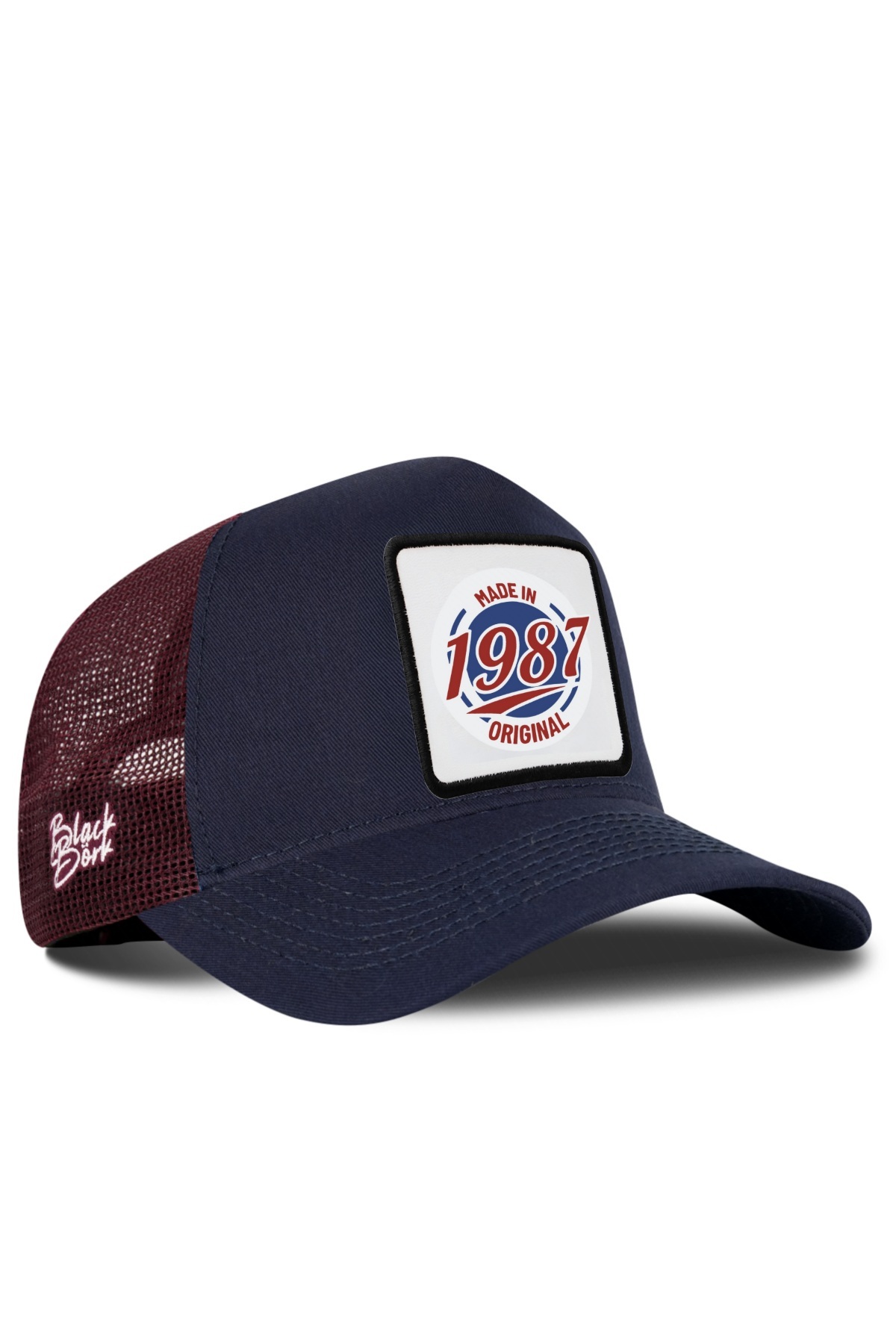 Made in 1987 Navy Blue-Burgundy Trucker Hat with Logo