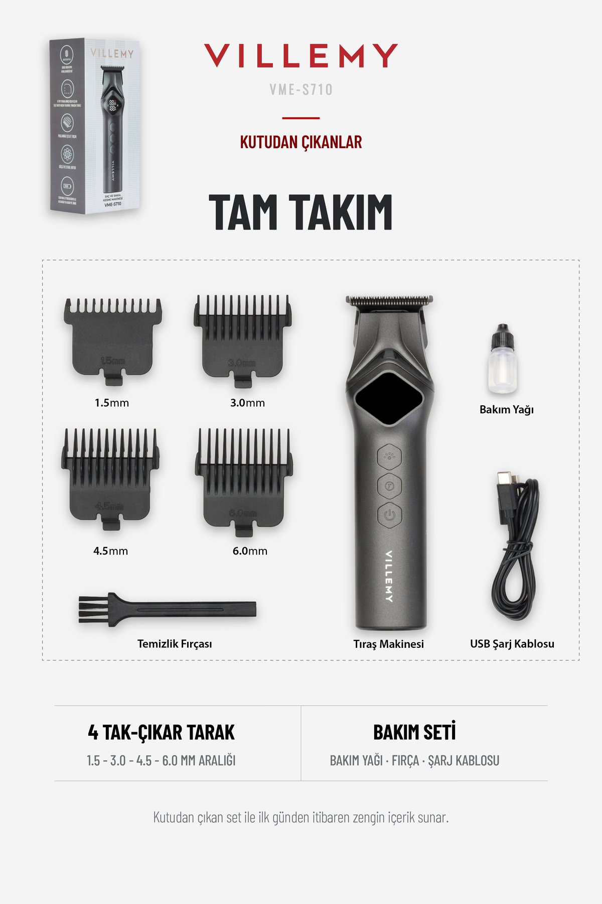 VME-S710 Profesyonel Saç Kesme, Sakal ve Ense Tıraş Makinesi Sıfıra En Yakın Kesim 0.1 mm T-Cut LED — خاکستری — تصویر 2 از 8
