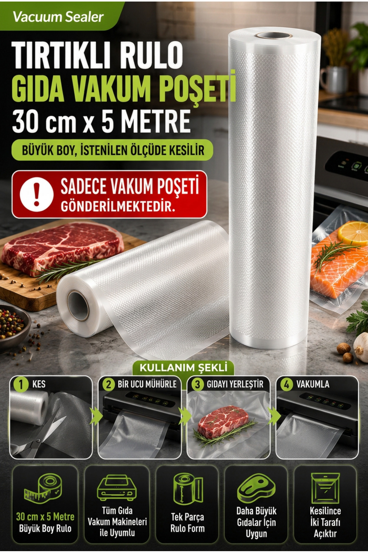 Vacuum Sealer 30 cm x 5 metre Tırtıklı Rulo Vakum Makinesi Poşeti Gıda Saklama Vakum Poşeti Süpürge
