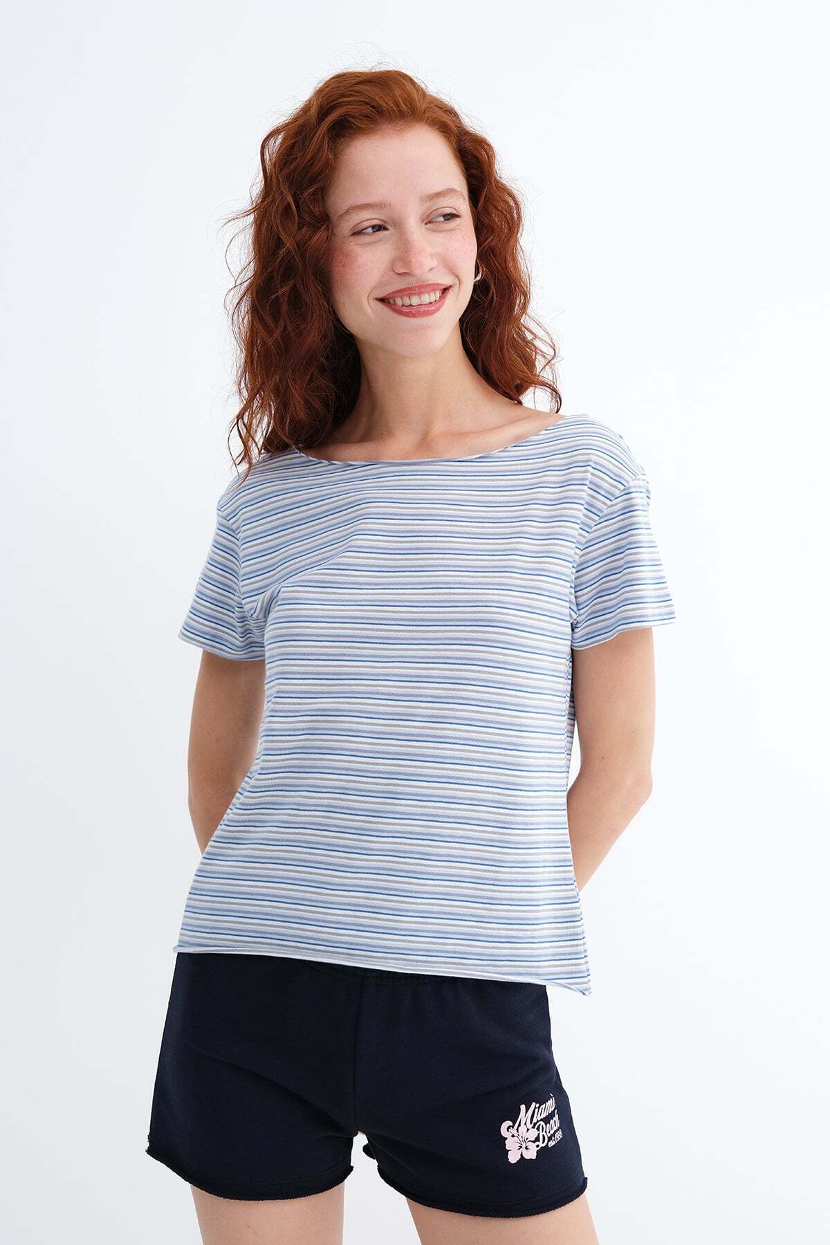 Addax Striped Boat Neck T-Shirt P1939
